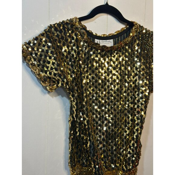 VTG Southeastern Gold Sequin Beaded Top Women Small 17"x21" Sparkle Disco Party - Picture 2 of 10